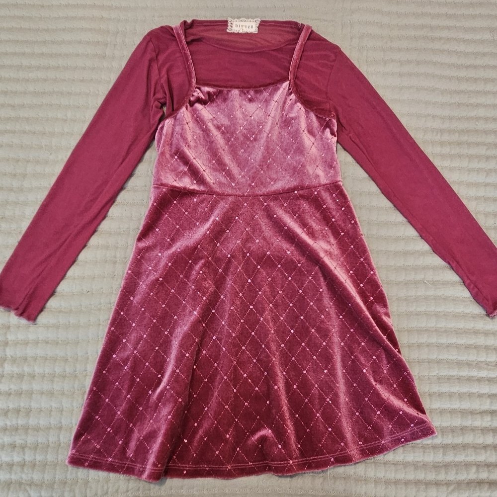 btween Magenta Velvet Dress with Long Sleeves